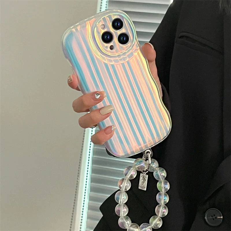 Laser Wave Silicone Phone Case with gradient laser stripes and bead chain for iPhone