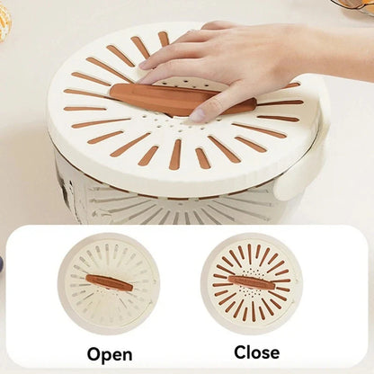 Versatile fruit drain basket with lid and foldable handle for fresh produce storage