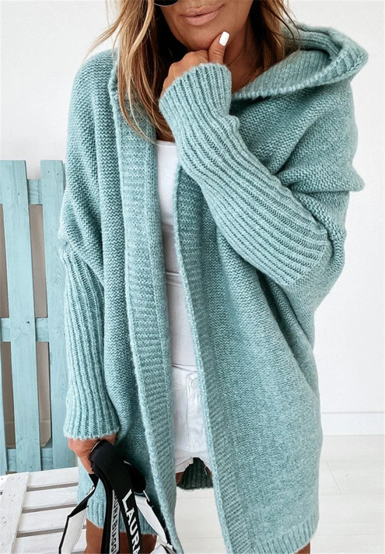 Women's bat sleeve hooded cardigan in sheep wool blend, available in multiple colours