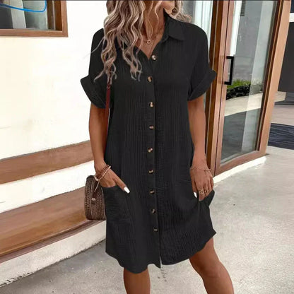 Stylish midi dress with short sleeves, made of premium polyester fabric and available in a range of colours