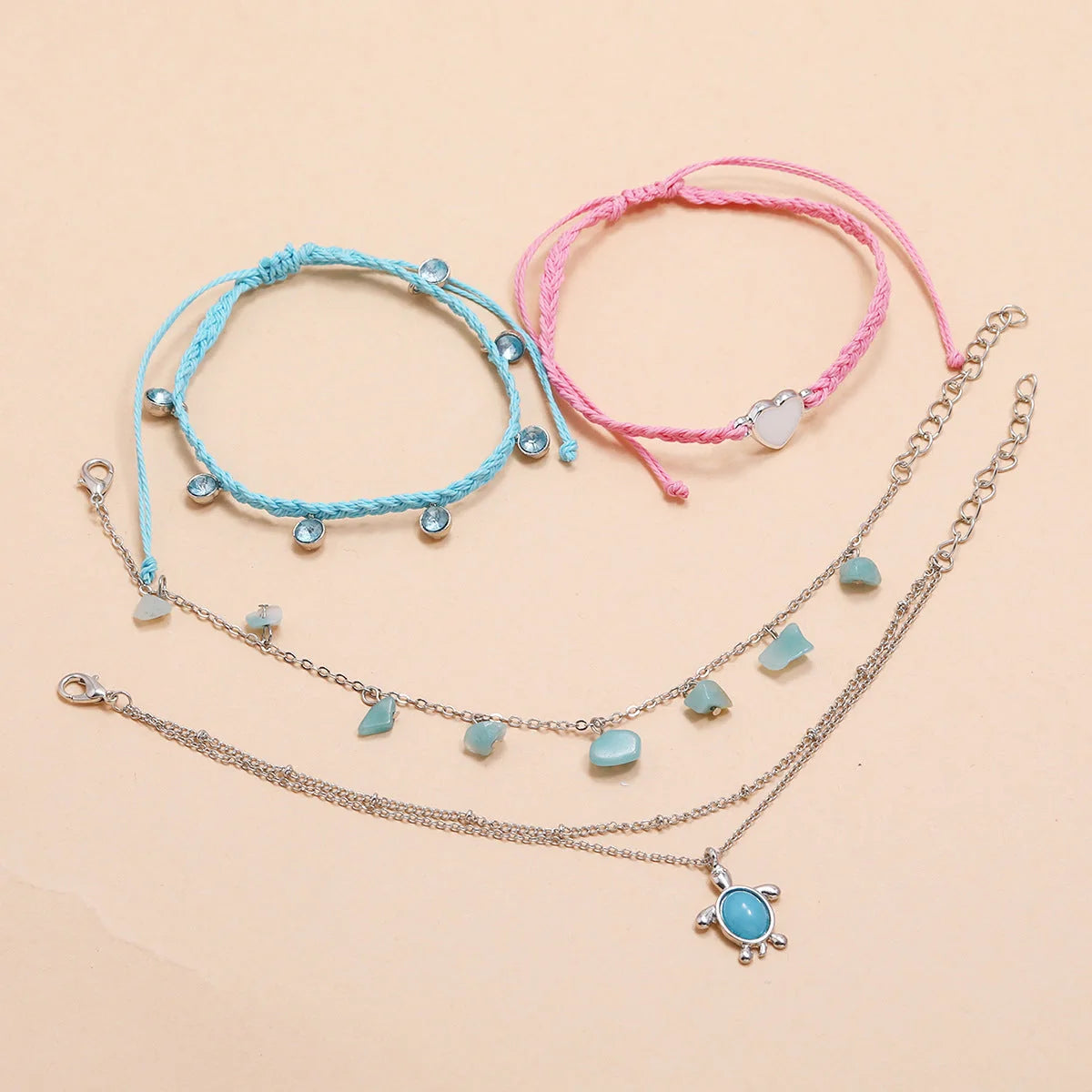 Hand-woven blue love foot rope anklet with geometric design