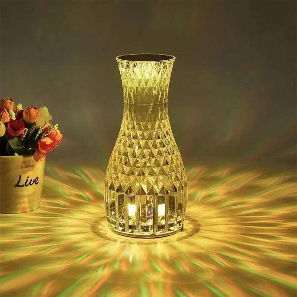 Vase Shape Atmosphere Crystal Lamp with USB charging and remote control on a bedside table