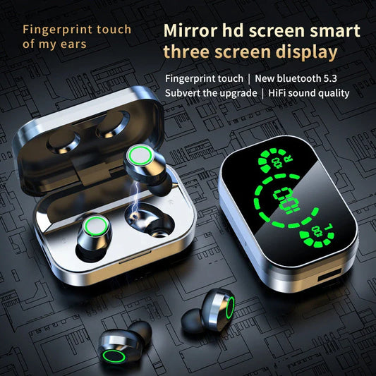 Wireless Bluetooth earbuds with digital display, showing different color and style options