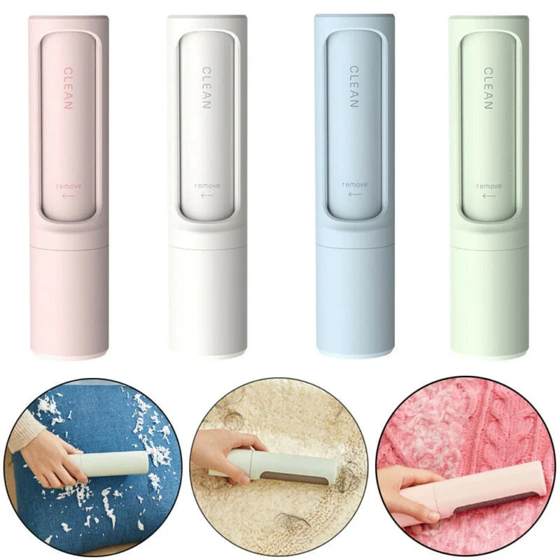 Rotating cylinder electrostatic pet hair remover brush in white, blue, green, and pink