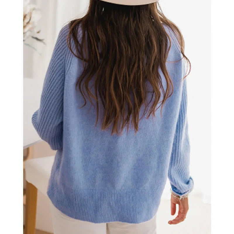 European Milk Blue Bedford Cord Sweater with round collar and long sleeves