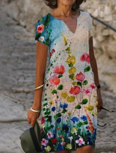 Cotton blend printed dress for women in navy blue, blue, and green, perfect for spring commuting