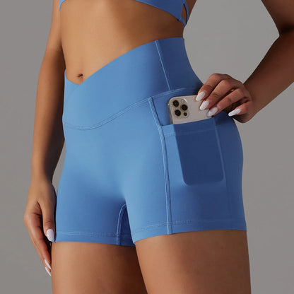 Women's yoga shorts with phone pocket in various colours