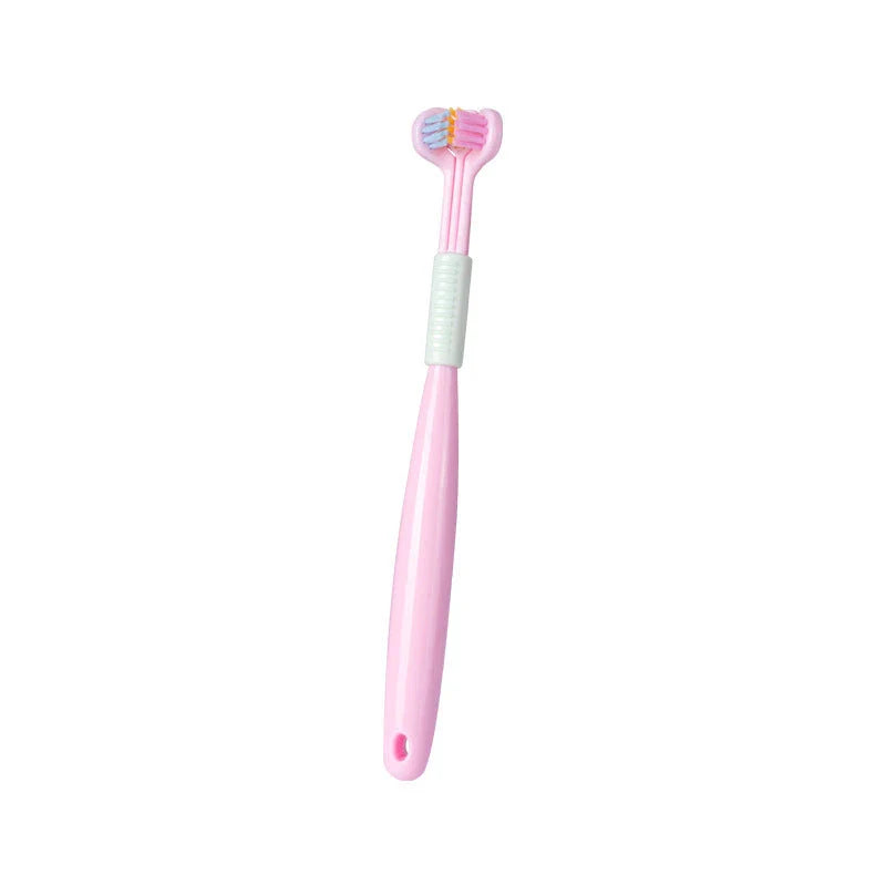 Soft bristle toothbrush with 3-sided brush head for thorough dental cleaning