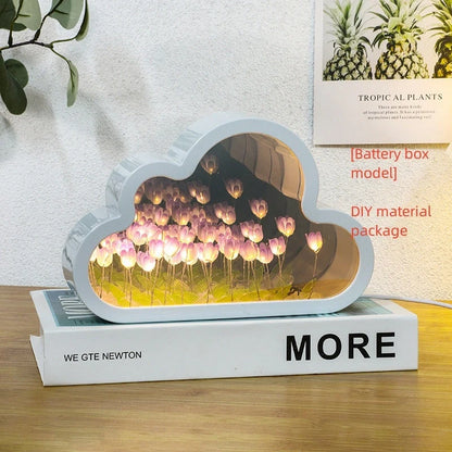 DIY Tulip Night Lamp in pink, purple, and blue with LED lights and decorative mirror feature