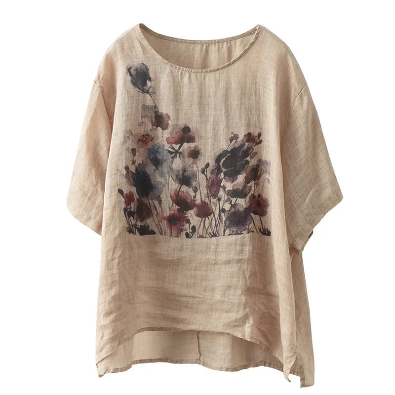Vintage ink print casual T-shirt for summer in white, champagne, and dark gray