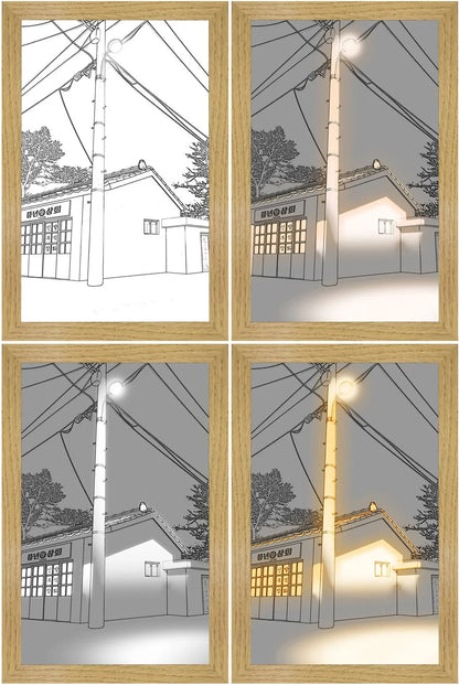 Illuminating LED picture light with customizable lighting modes, showcasing various nature scenes and cityscapes