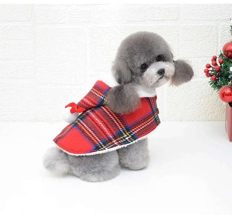 Christmas red check dog sweater with suede lining for winter warmth