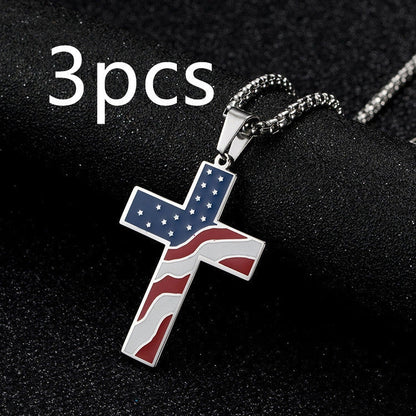 Stainless steel flag cross necklace for men, geometric design, polished finish.