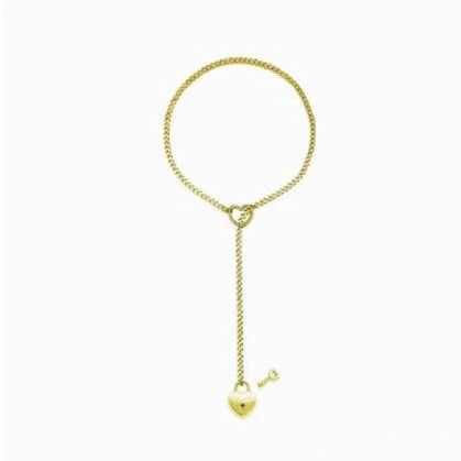 Adjustable Heart Slip Chain Necklace with Key Lock Charm in Black, Silver, and Gold Colours