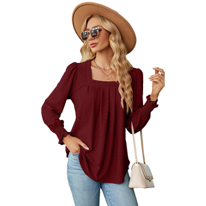 Jacquard pleated square neck T-shirt in various colours