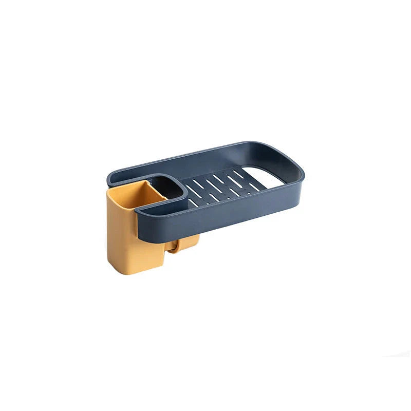 A versatile faucet-mounted sink caddy with compartments for storing sponges, detergent, and other kitchen essentials