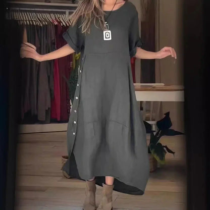 Loose casual short sleeve dress in cotton and linen with 3D effect, available in multiple colours