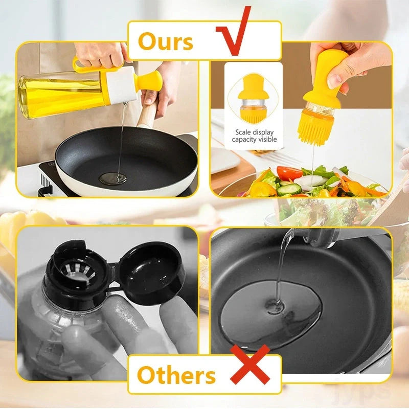 2-in-1 oil dispenser with silicone brush for BBQ and cooking, available in yellow, green, and brown