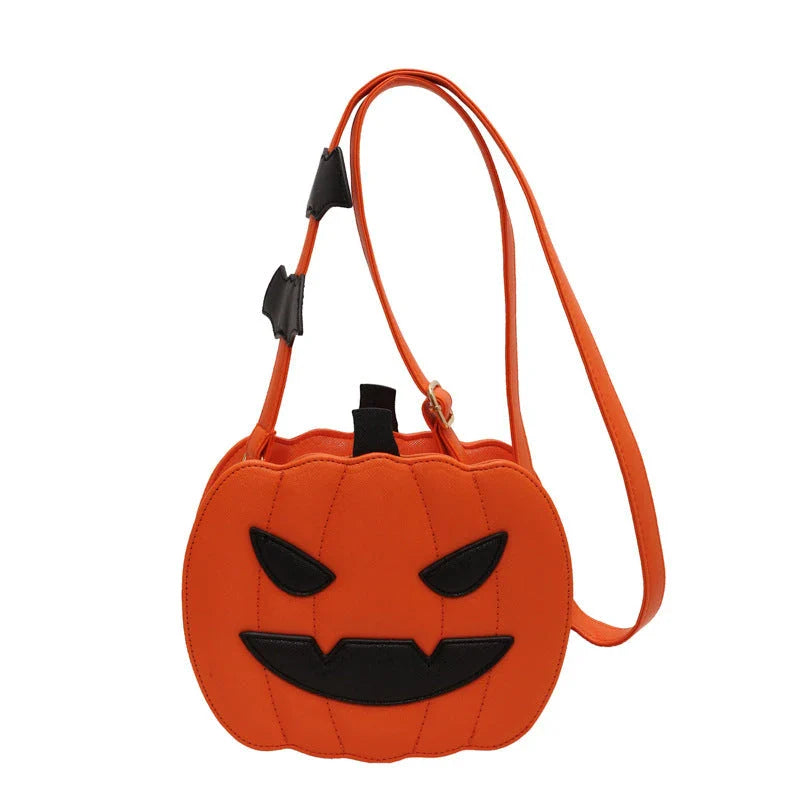 Stylish Halloween shoulder bag with pumpkin cartoon and bat design, available in various color options