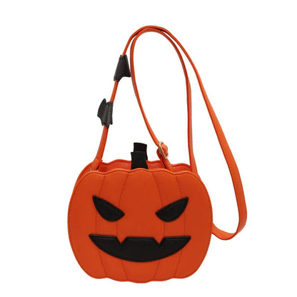 Stylish Halloween shoulder bag with pumpkin cartoon and bat design, available in various color options