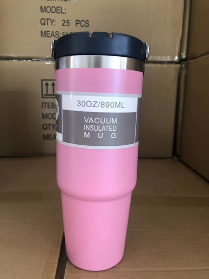 Stainless steel insulated tumbler with handle, available in multiple colors and sizes, designed to keep drinks hot or cold for hours.