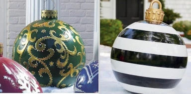 Inflatable Christmas baubles in various festive designs for outdoor holiday decoration