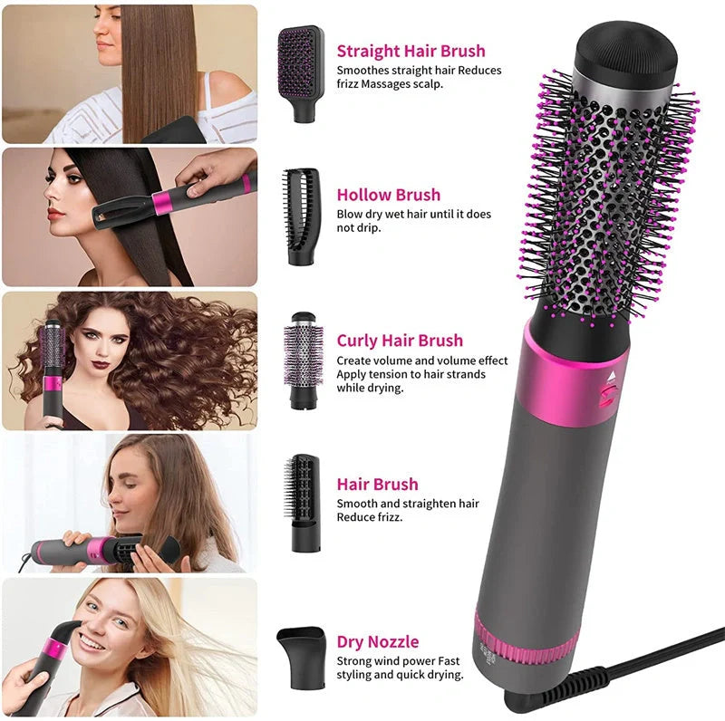 Professional 5-in-1 Hair Dryer Brush in Dyson Grey with multiple attachments for versatile styling