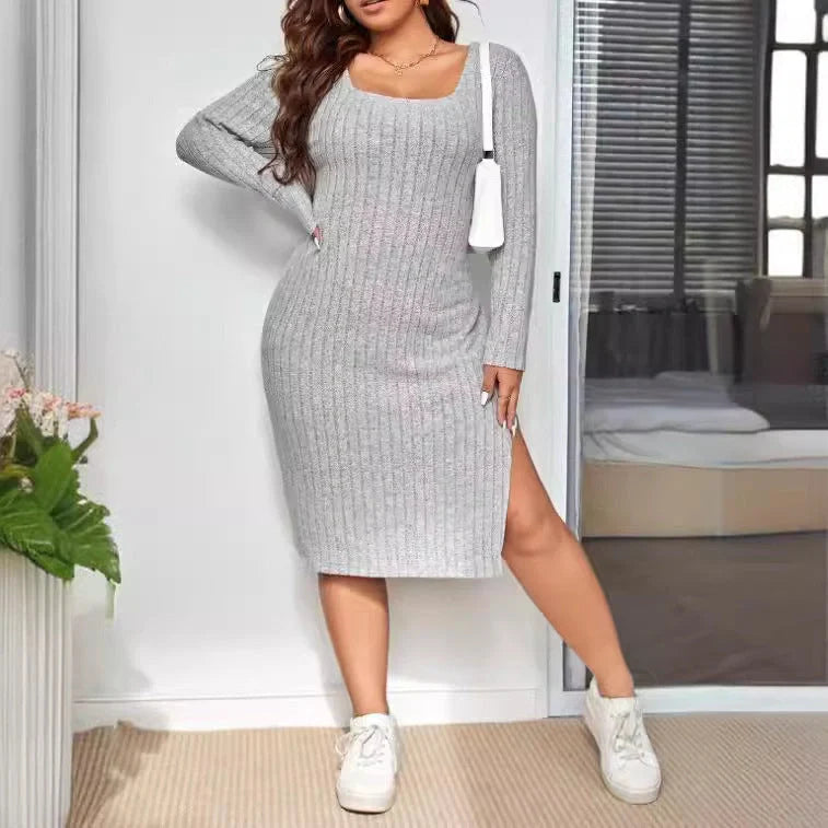 Long sleeve knitted dress with sunken stripe pattern in rose red and light gray