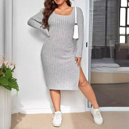 Long sleeve knitted dress with sunken stripe pattern in rose red and light gray