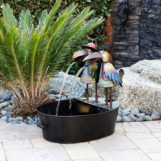 Hand-painted resin crow garden fountain with flowing water feature