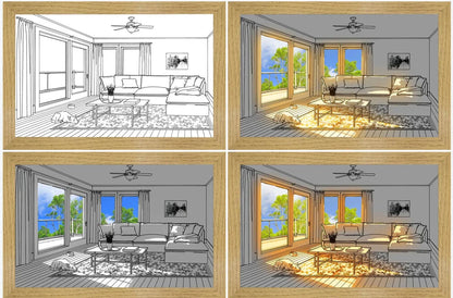 Illuminating LED picture light with customizable lighting modes, showcasing various nature scenes and cityscapes