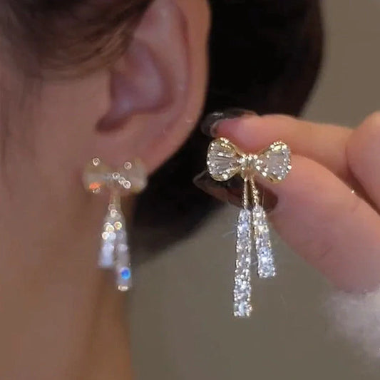 Gold bow diamond crystal earrings for women, fashionable and elegant