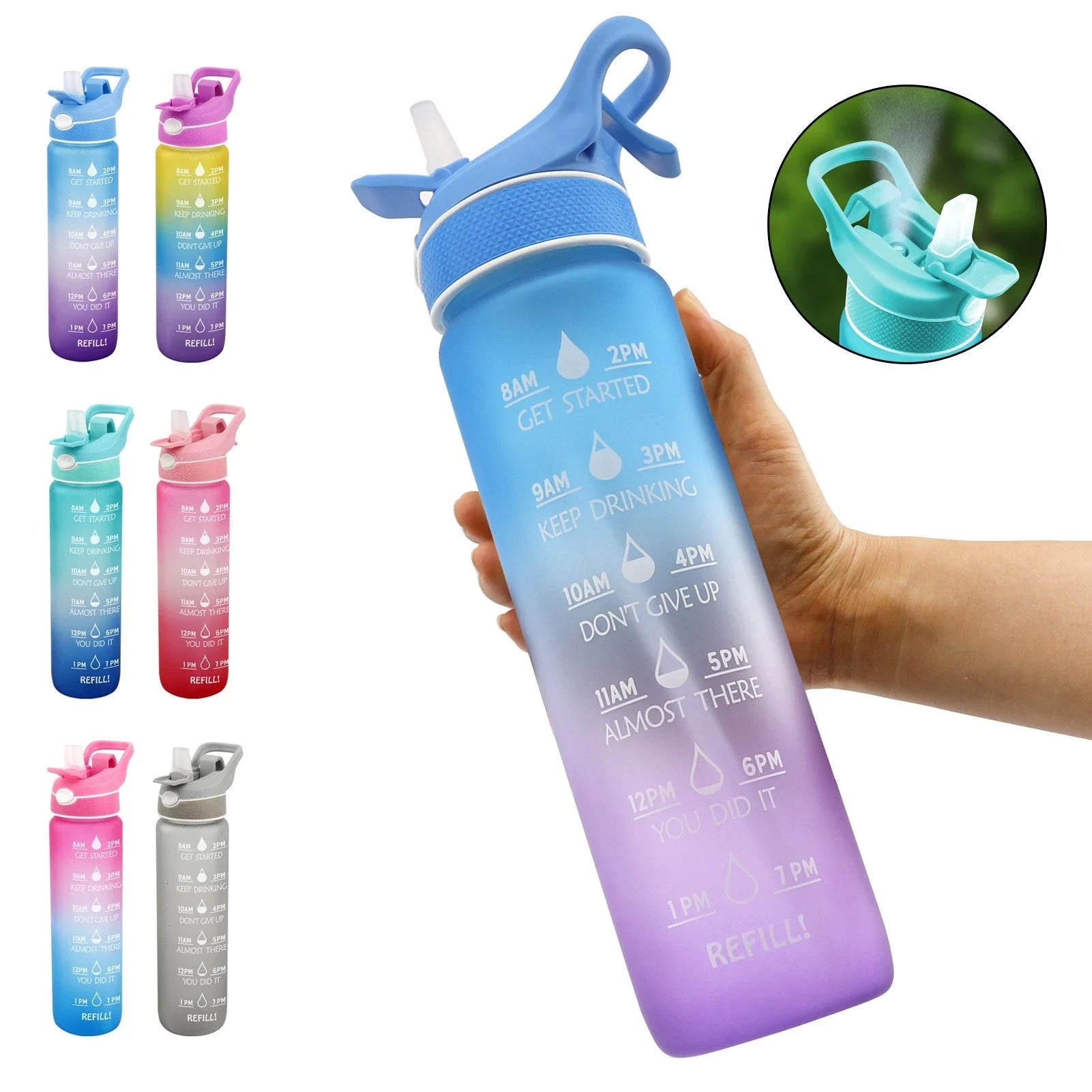 Convenient sports water bottle with straw and sprayer for hydration and cooling on-the-go