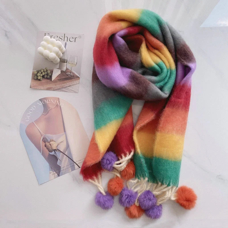 Vibrant rainbow mohair tassel scarf for warmth and style