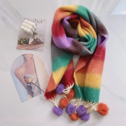 Vibrant rainbow mohair tassel scarf for warmth and style