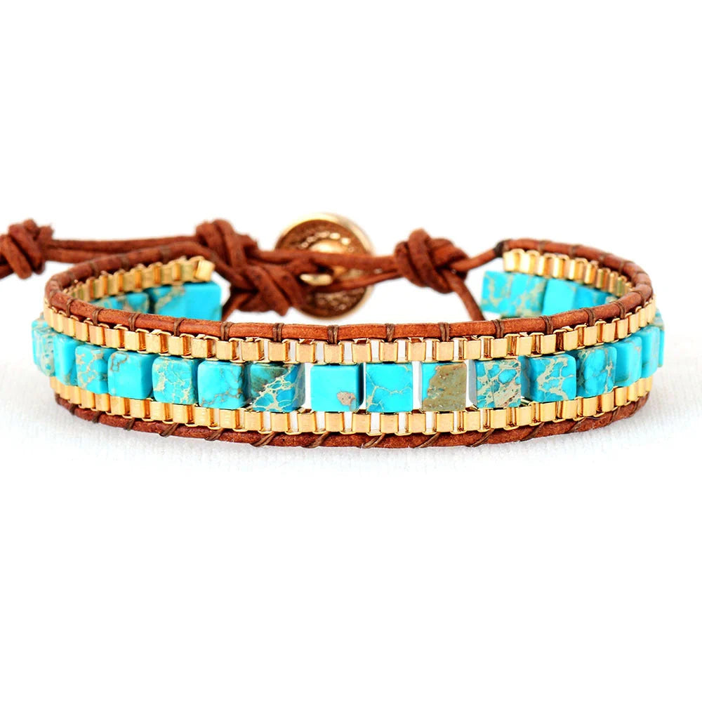 Hand-woven blue leather bracelet with imperial stone detail