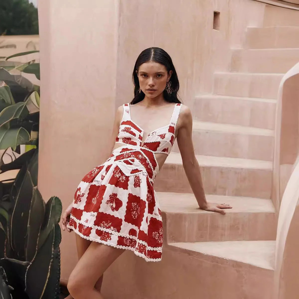 Women's red flower print lace sling dress for summer