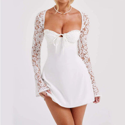 Stylish backless lace dress with long sleeves in various trendy colors