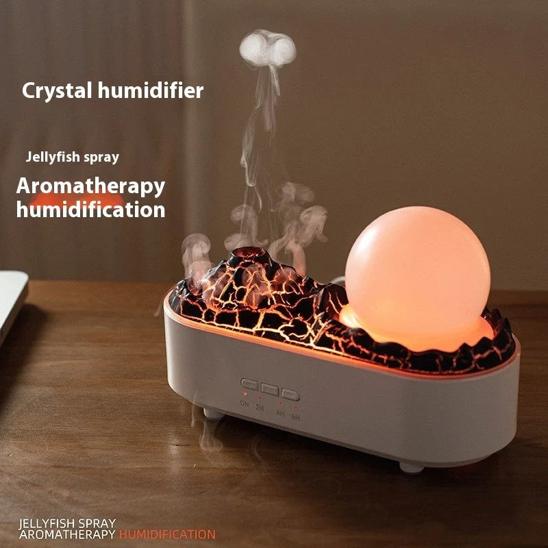 USB Volcano Humidifier on a desktop, emitting a heavy fog for air moisture
