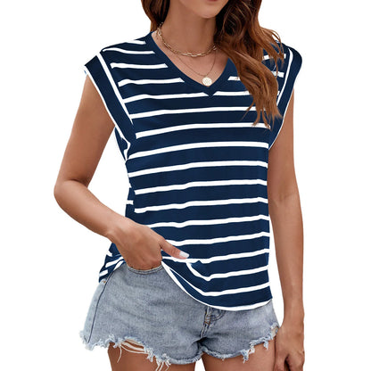 Women's summer V-neck short-sleeved T-shirt in stripe print