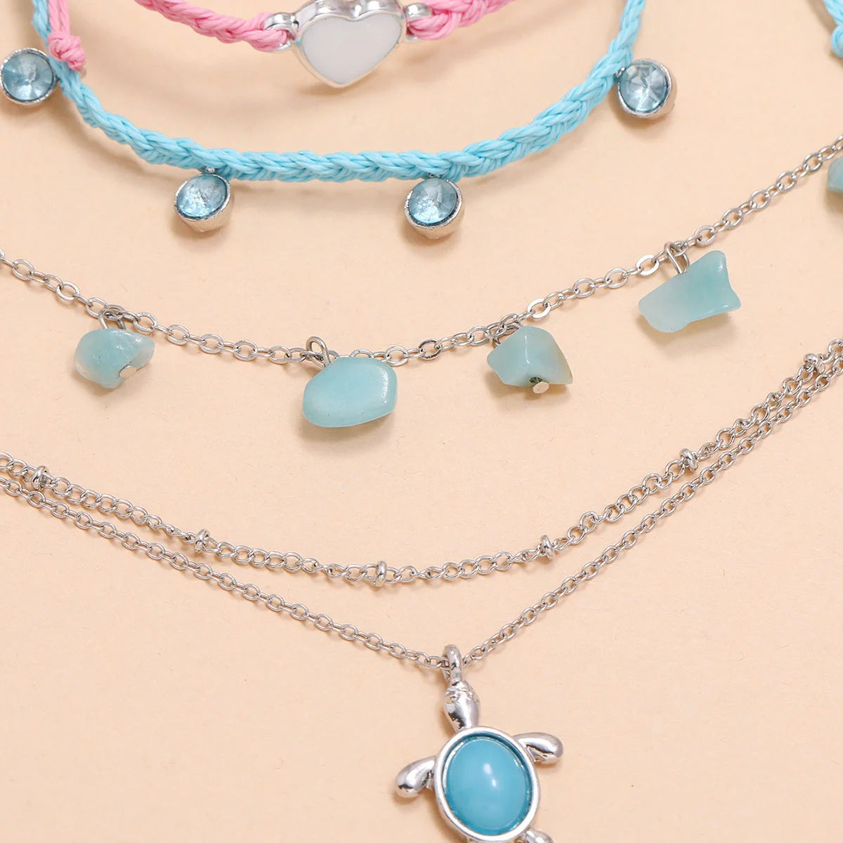 Hand-woven blue love foot rope anklet with geometric design