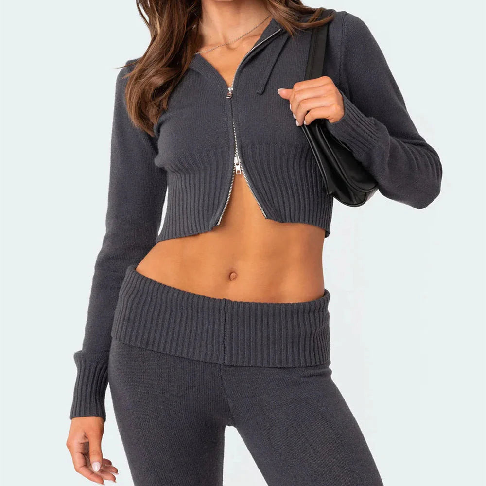 Women's knitted hooded suit with zipper cropped top and flared pants in solid colours