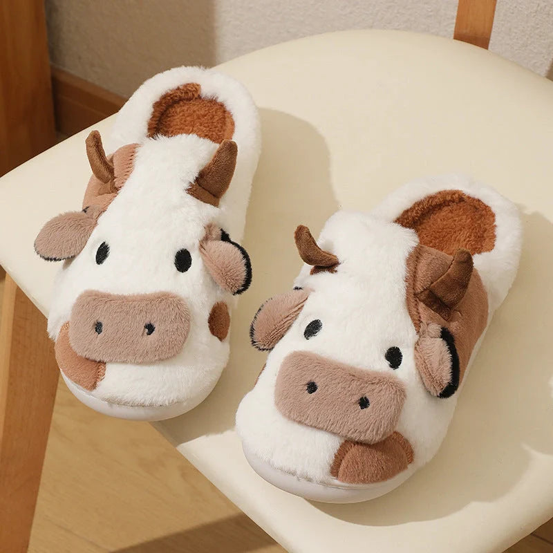 Women's Kawaii Cow Slippers with non-slip sole and plush lining in white and coffee colors