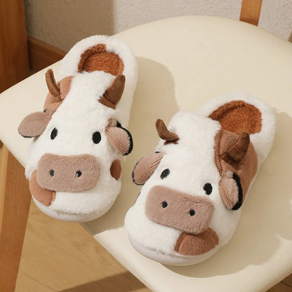 Women's Kawaii Cow Slippers with non-slip sole and plush lining in white and coffee colors