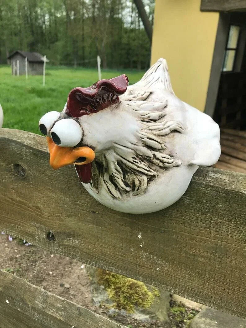 Charming resin chicken garden ornament with vibrant colours and playful design, perfect for adding a whimsical touch to outdoor spaces