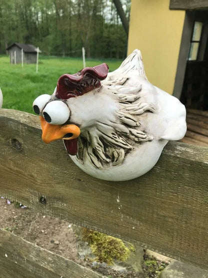Charming resin chicken garden ornament with vibrant colours and playful design, perfect for adding a whimsical touch to outdoor spaces