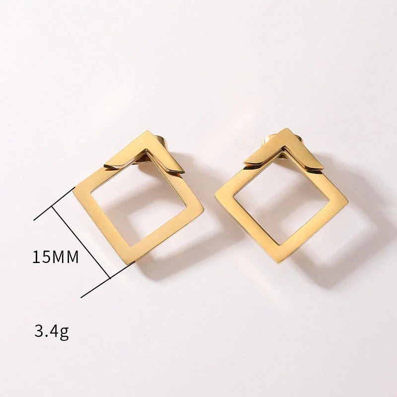 Stylish square geometric titanium steel earrings for women in gold, steel, and rose gold.