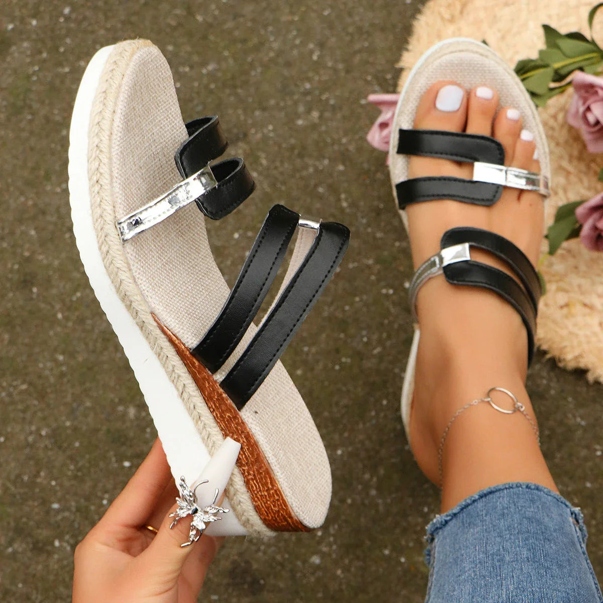 Colorblock wedge sandals with thick hemp sole, round toe, and slide-on style in a variety of vibrant summer colors