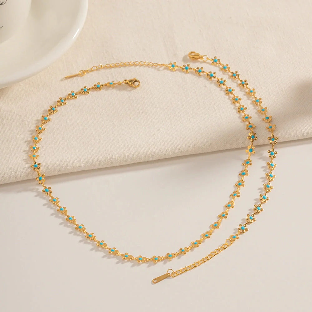 Elegant pastoral oil-spot glaze flower necklace and bracelet set in stainless steel