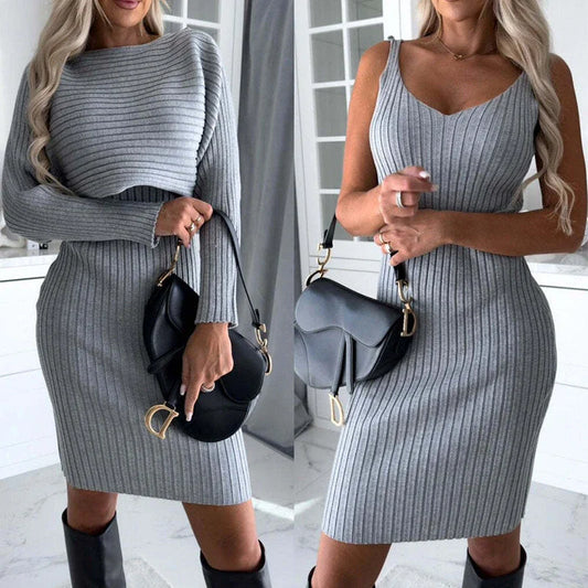 A stylish 2-piece outfit featuring a long-sleeve striped top and a suspender skirt in various colors.